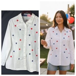 Quacker Factory Shirt Top Blouse 1X 16 18 White Stars 4th of July USA Americana